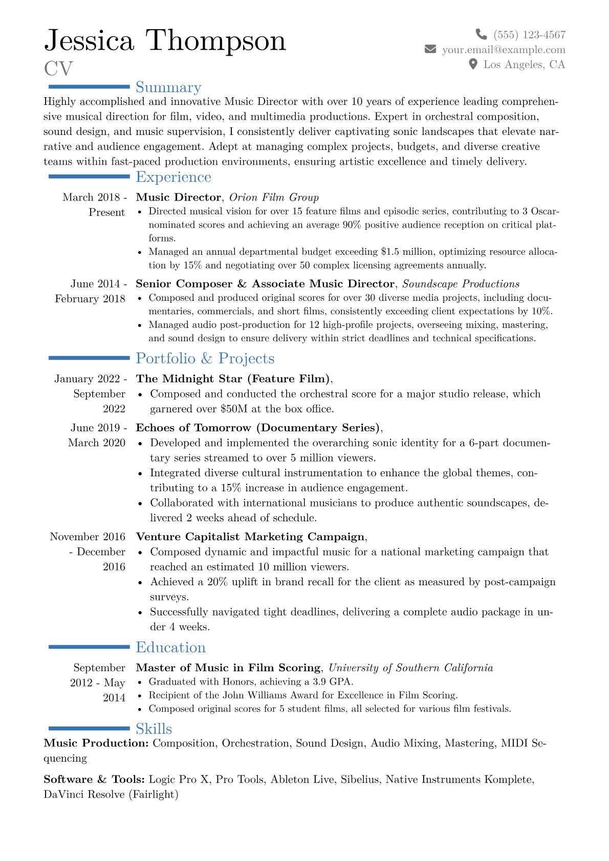 Music Director Resume Example CV template - Page 1