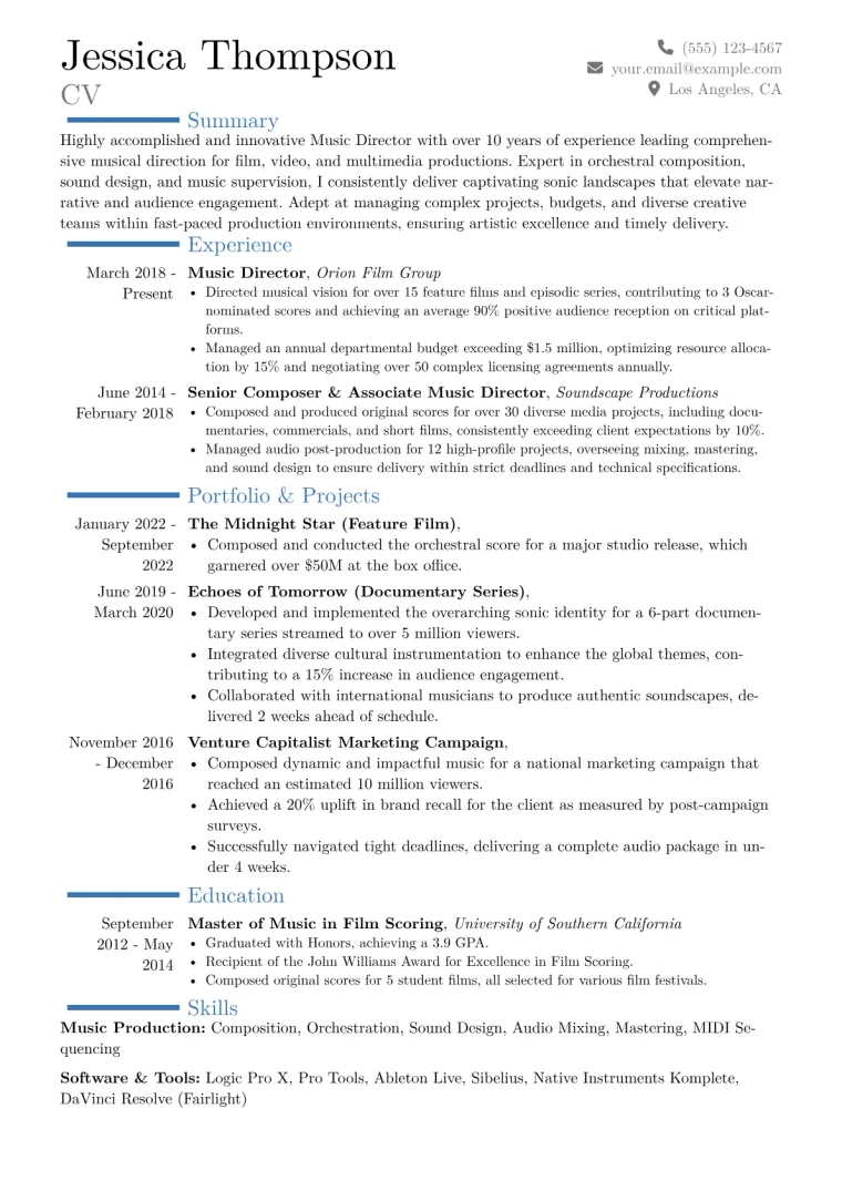 Music Director Resume Example CV template preview
