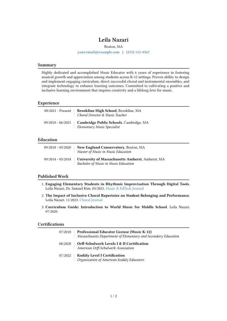 Music Educator Resume Example CV template preview