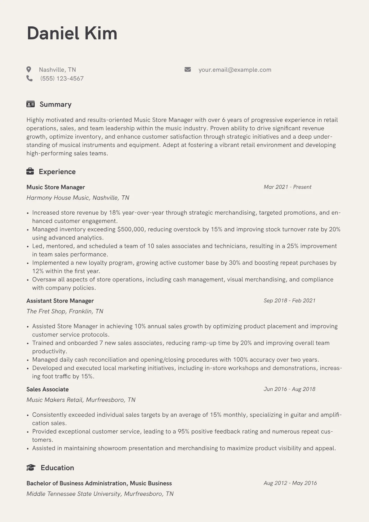 Music Store Manager Resume Example CV template - Page 1
