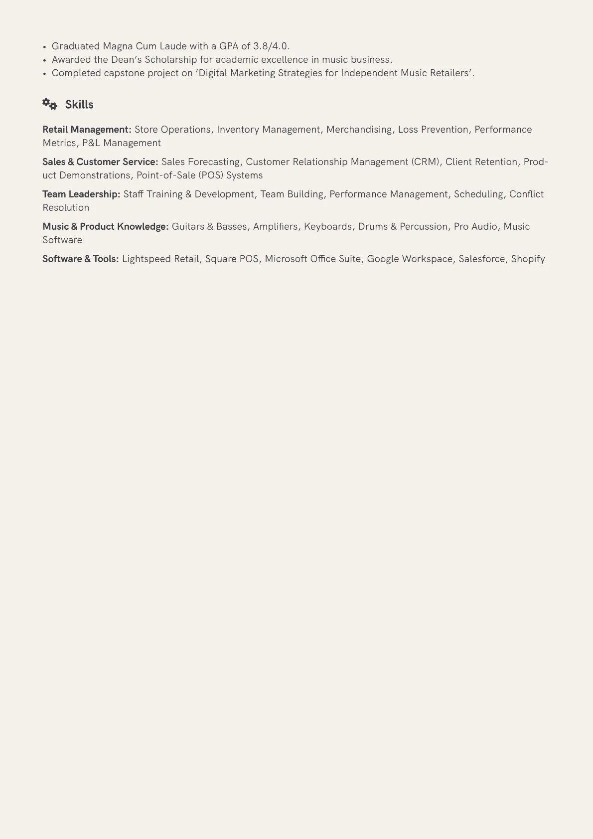 Music Store Manager Resume Example CV template - Page 2