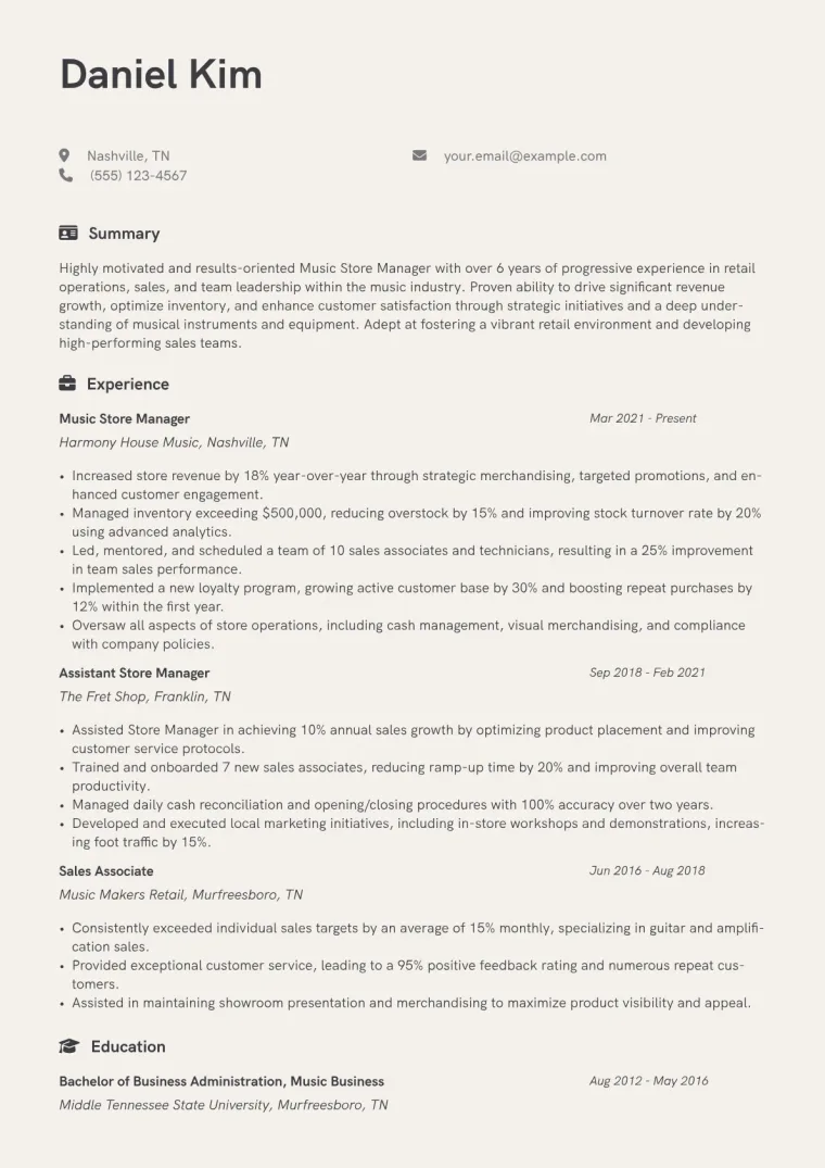 Music Store Manager Resume Example CV template preview