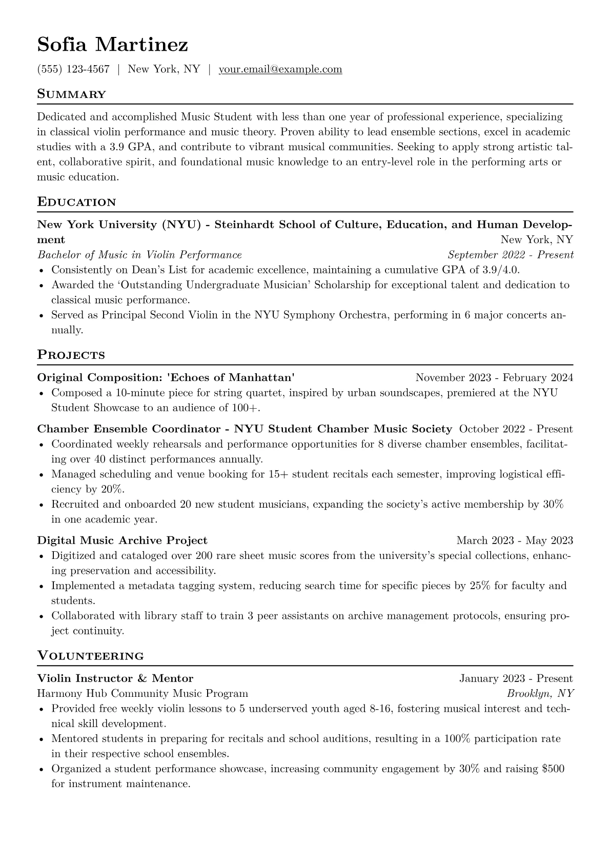 Music Student Resume Example CV template - Page 1