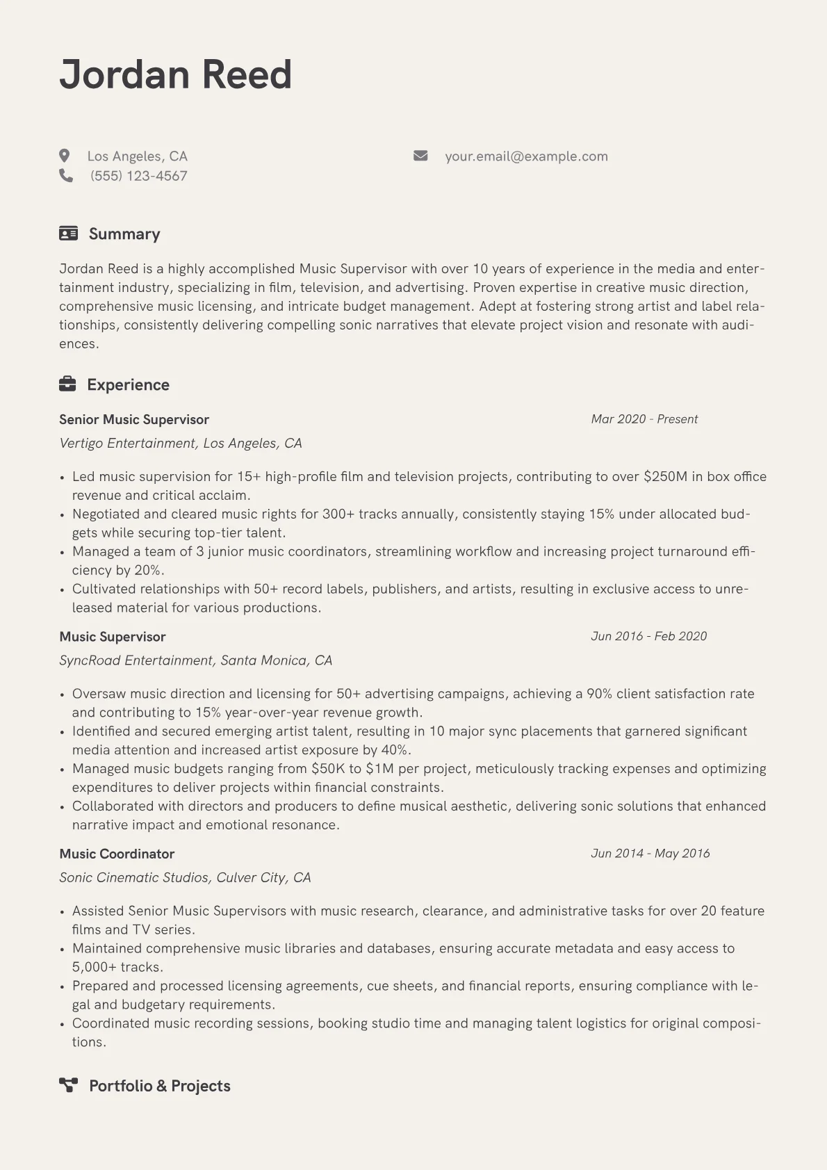 Music Supervisor Resume Example CV template - Page 1