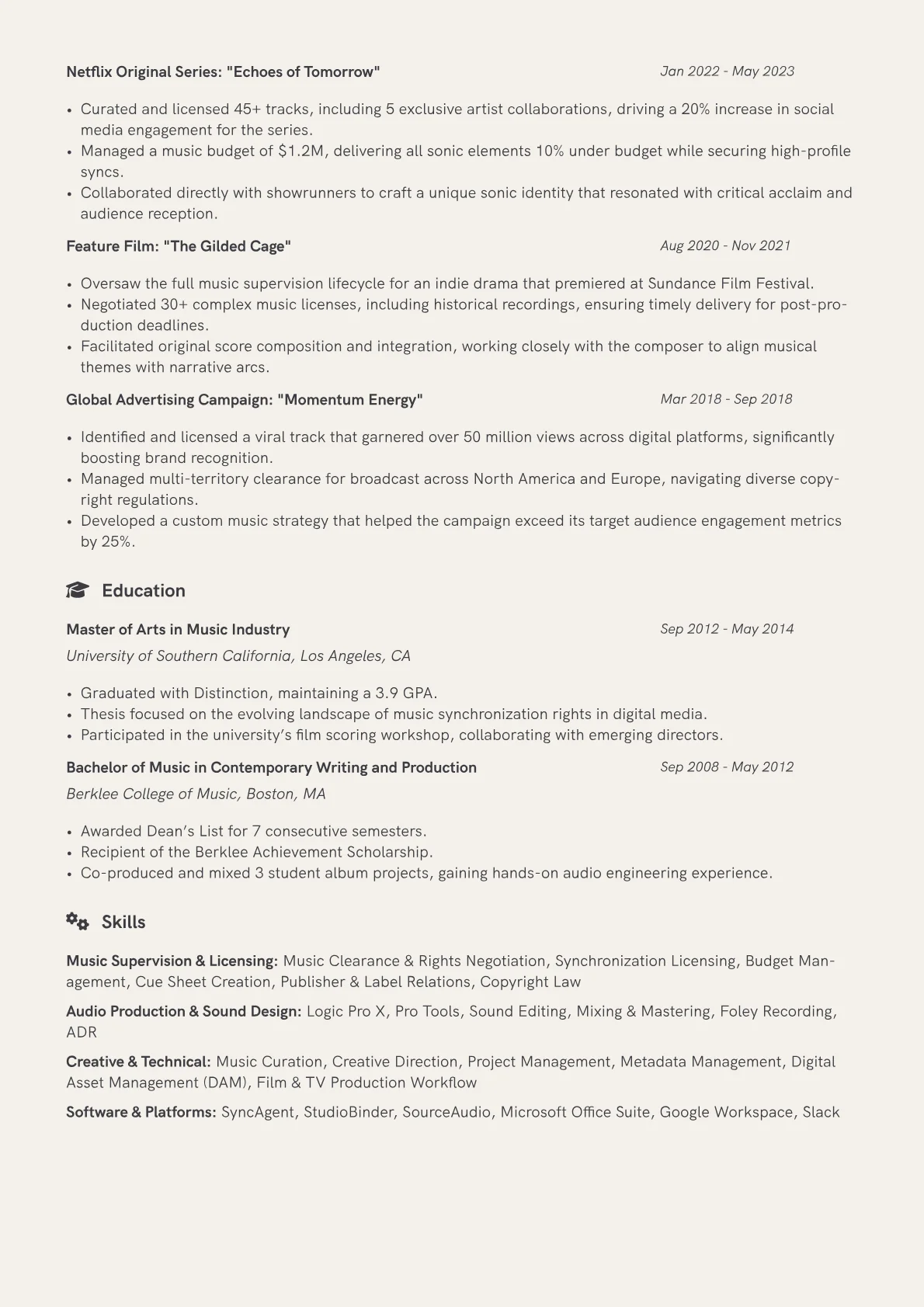 Music Supervisor Resume Example CV template - Page 2