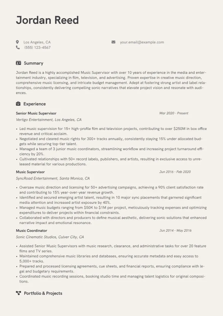 Music Supervisor Resume Example CV template preview
