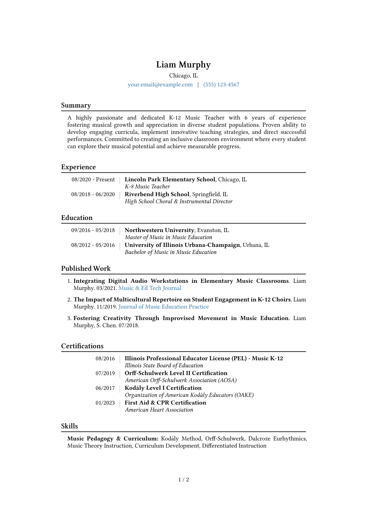 Music Teacher K-12 Resume Example CV template - Page 1