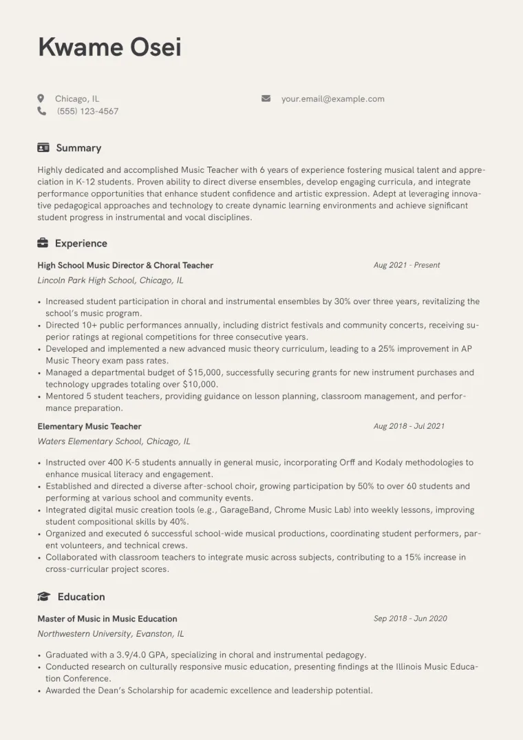 Music Teacher Resume Example CV template preview