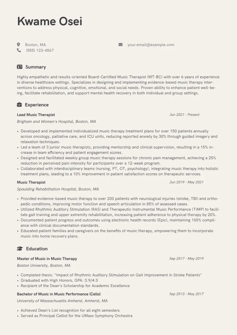 Music Therapist Resume Example CV template preview