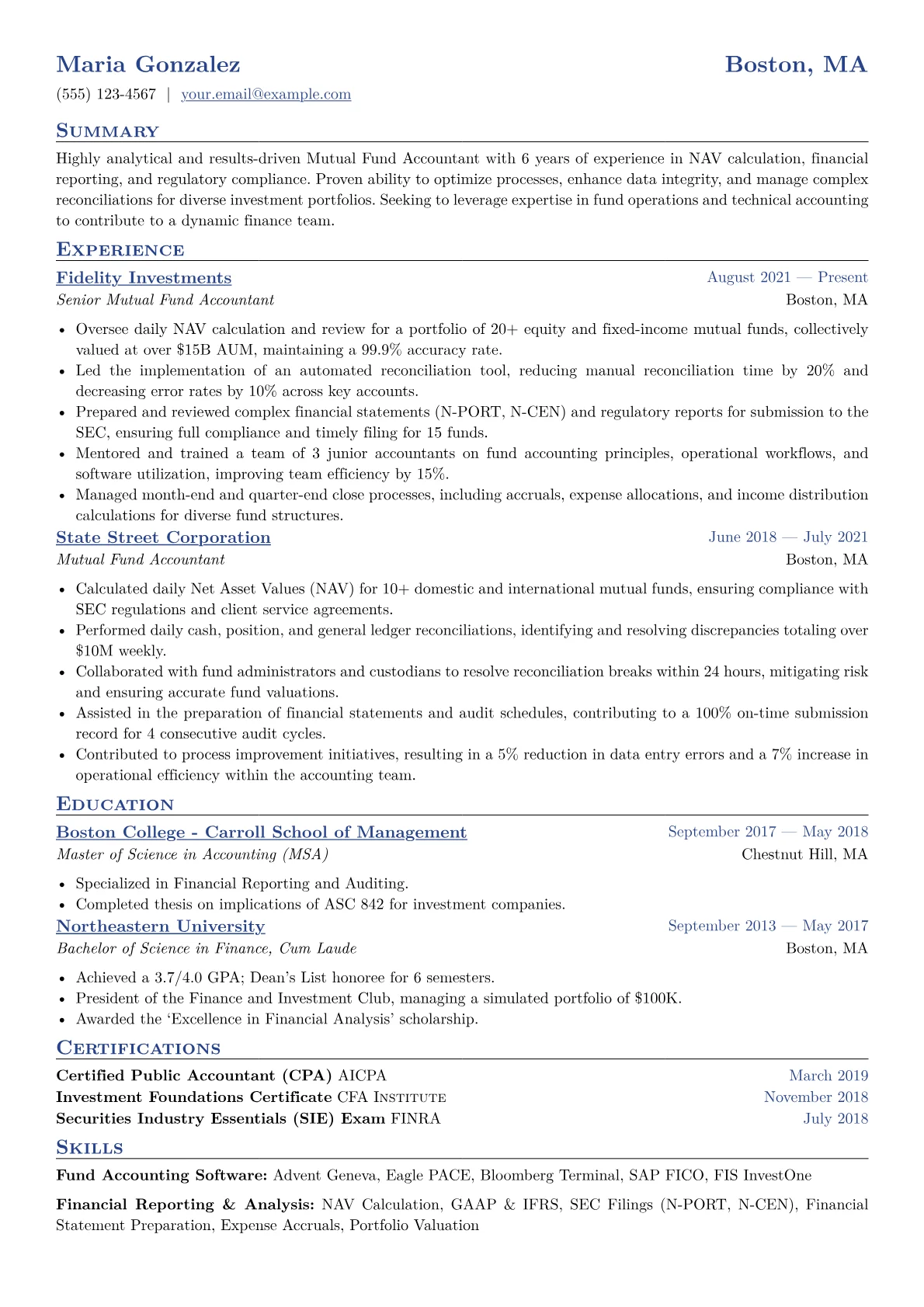 Mutual Fund Accountant Resume Example CV template - Page 1