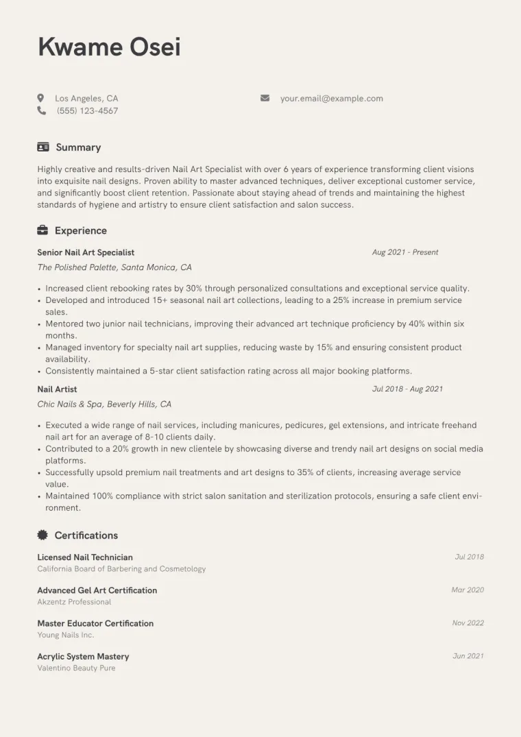 Nail Art Specialist Resume Example CV template preview
