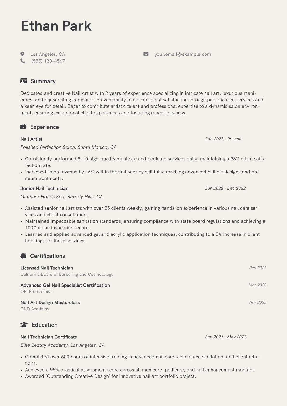 Nail Artist Resume Example CV template - Page 1