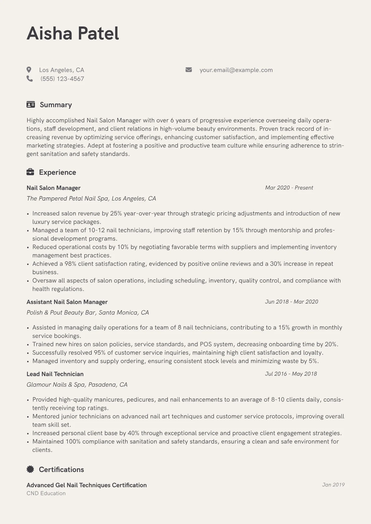 Nail Salon Manager Resume Example CV template - Page 1