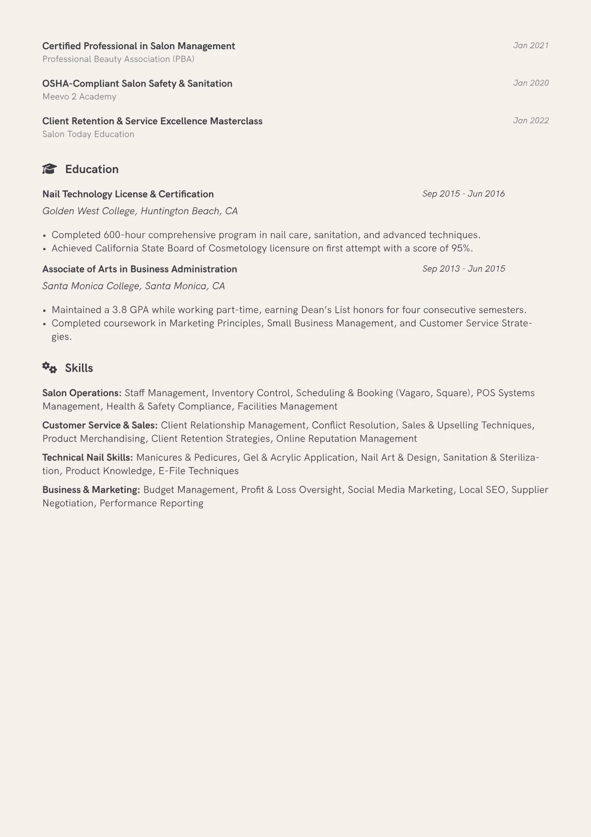 Nail Salon Manager Resume Example CV template - Page 2
