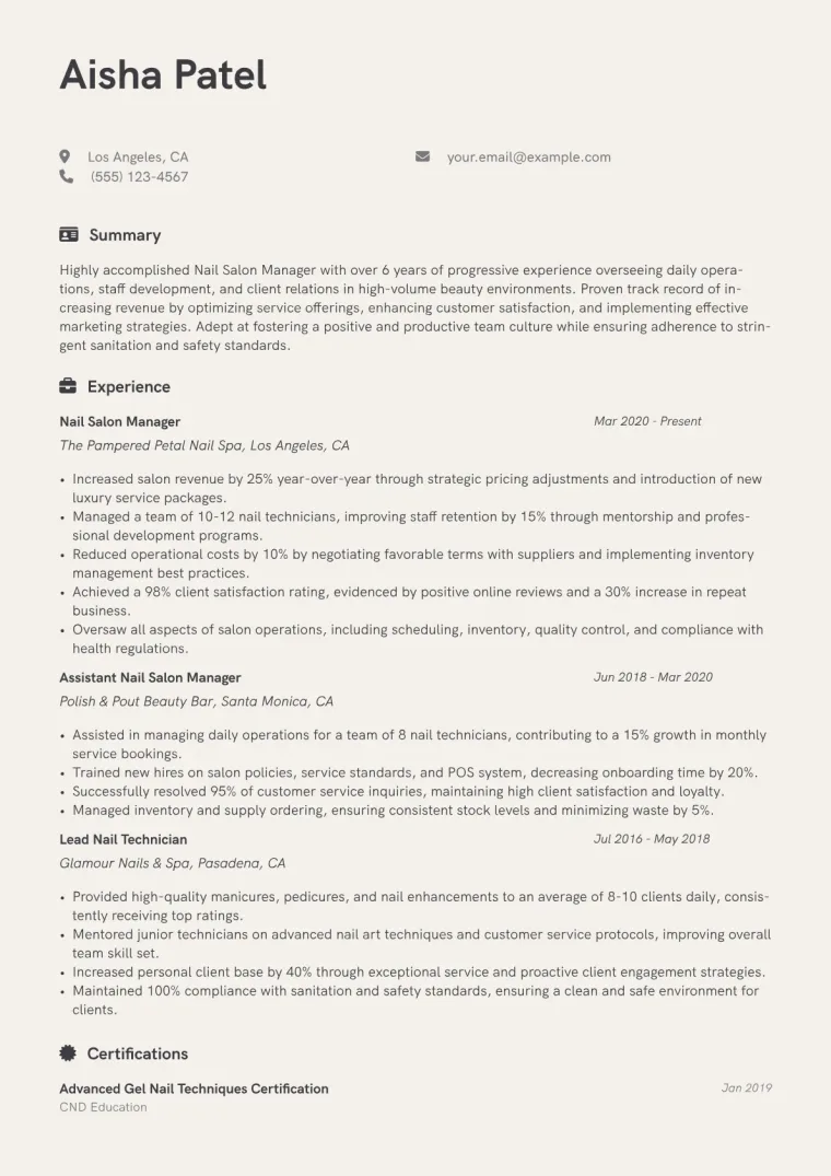 Nail Salon Manager Resume Example CV template preview