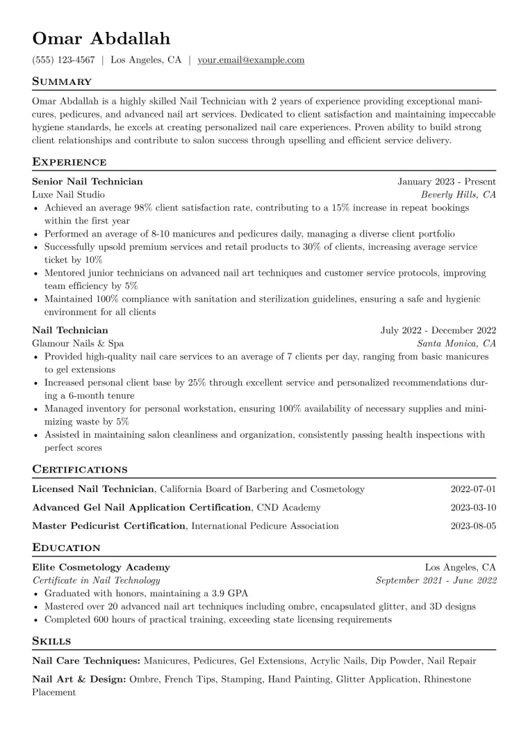 Nail Technician Resume Example