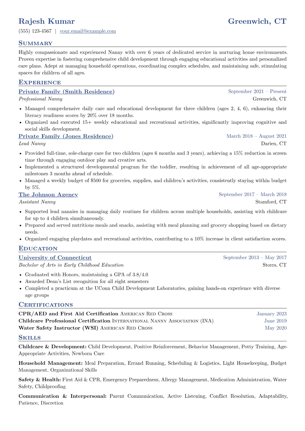Nanny Resume Example CV template - Page 1