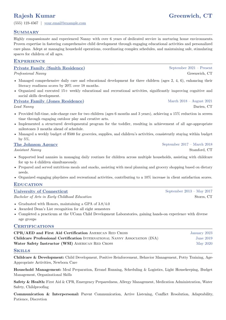 Nanny Resume Example CV template preview
