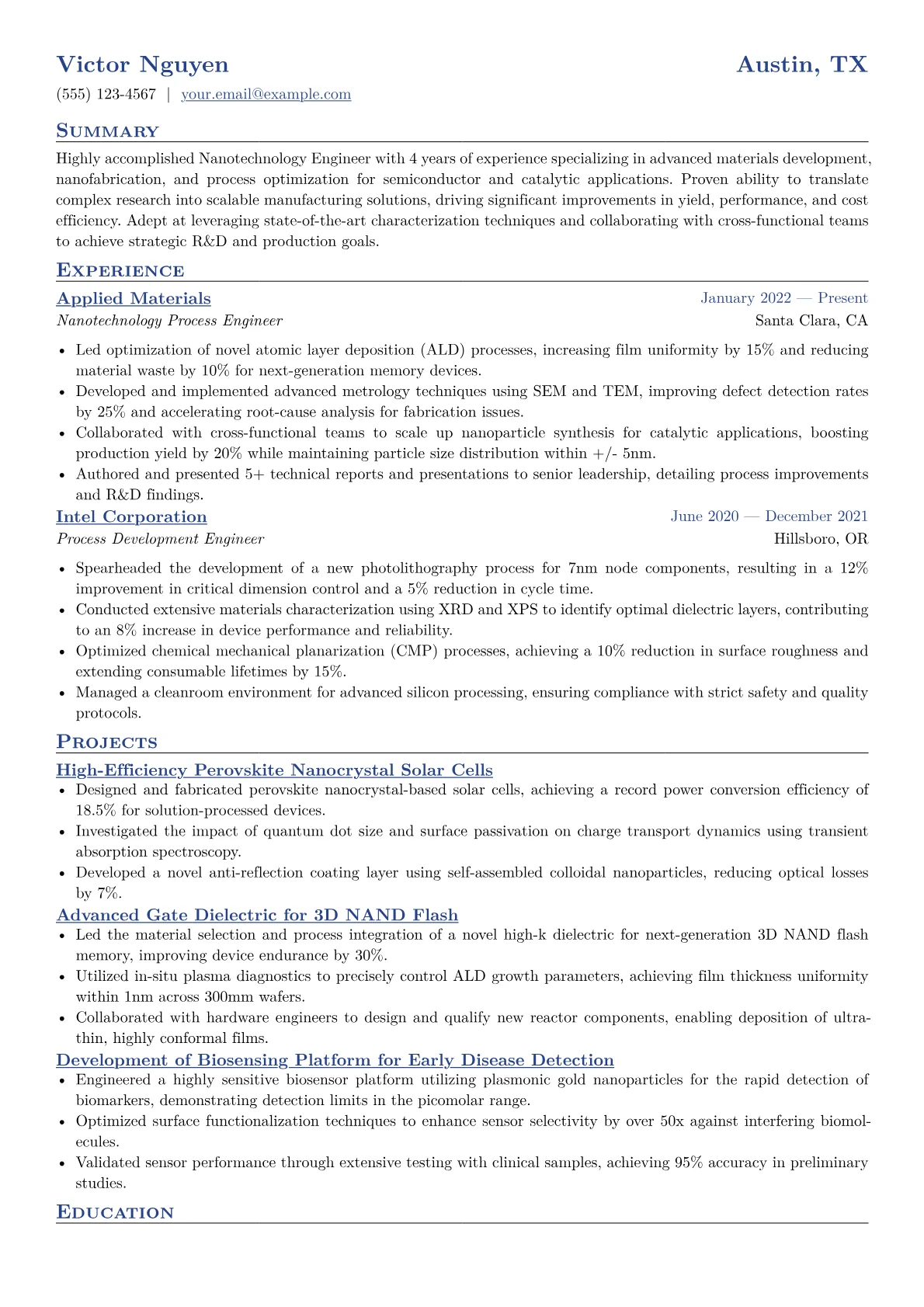 Nanotechnology Engineer Resume Example CV template - Page 1