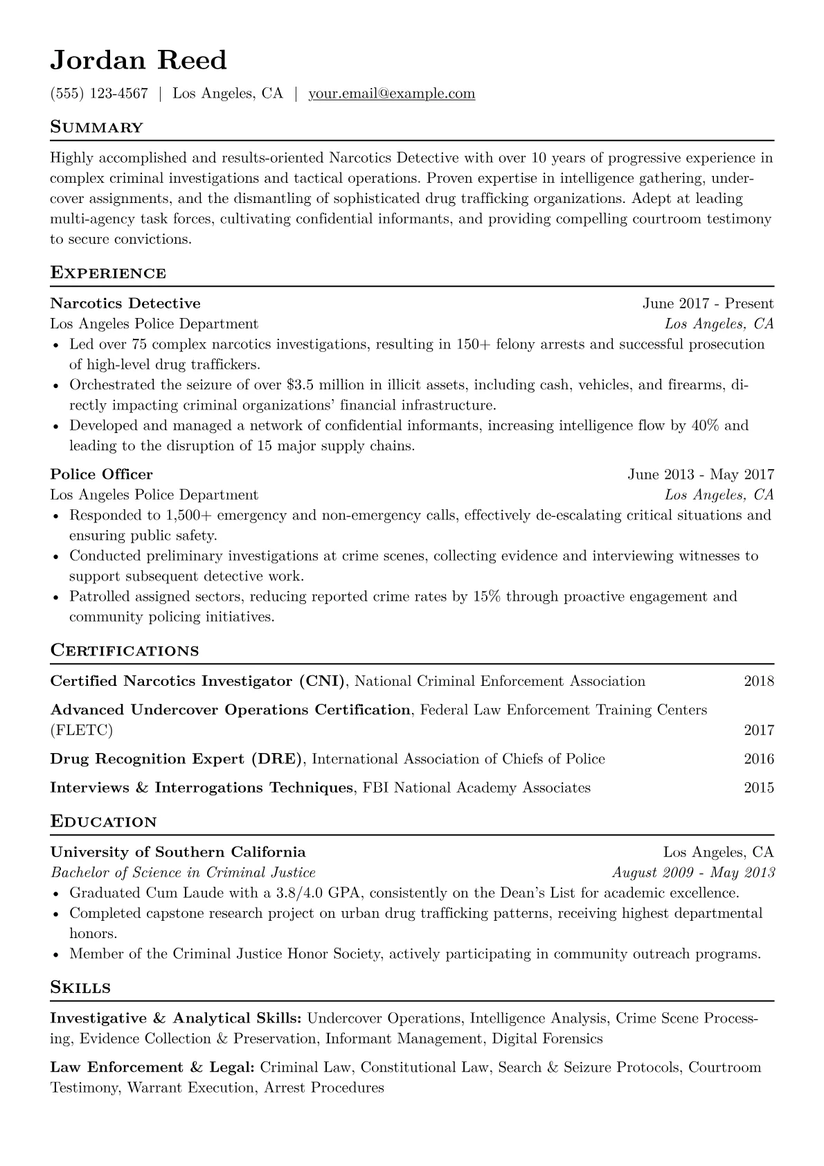 Narcotics Detective Resume Example CV template - Page 1