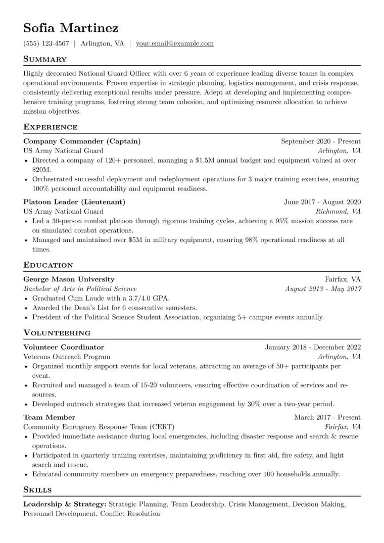 National Guard Officer Resume Example CV template preview