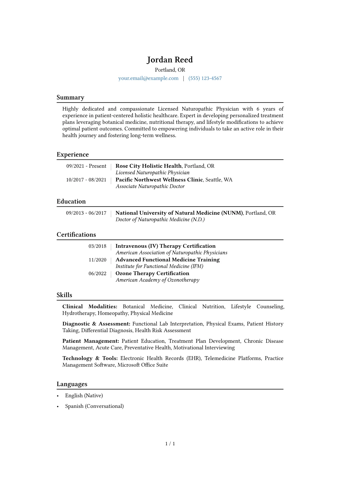 Naturopath Resume Example CV template - Page 1