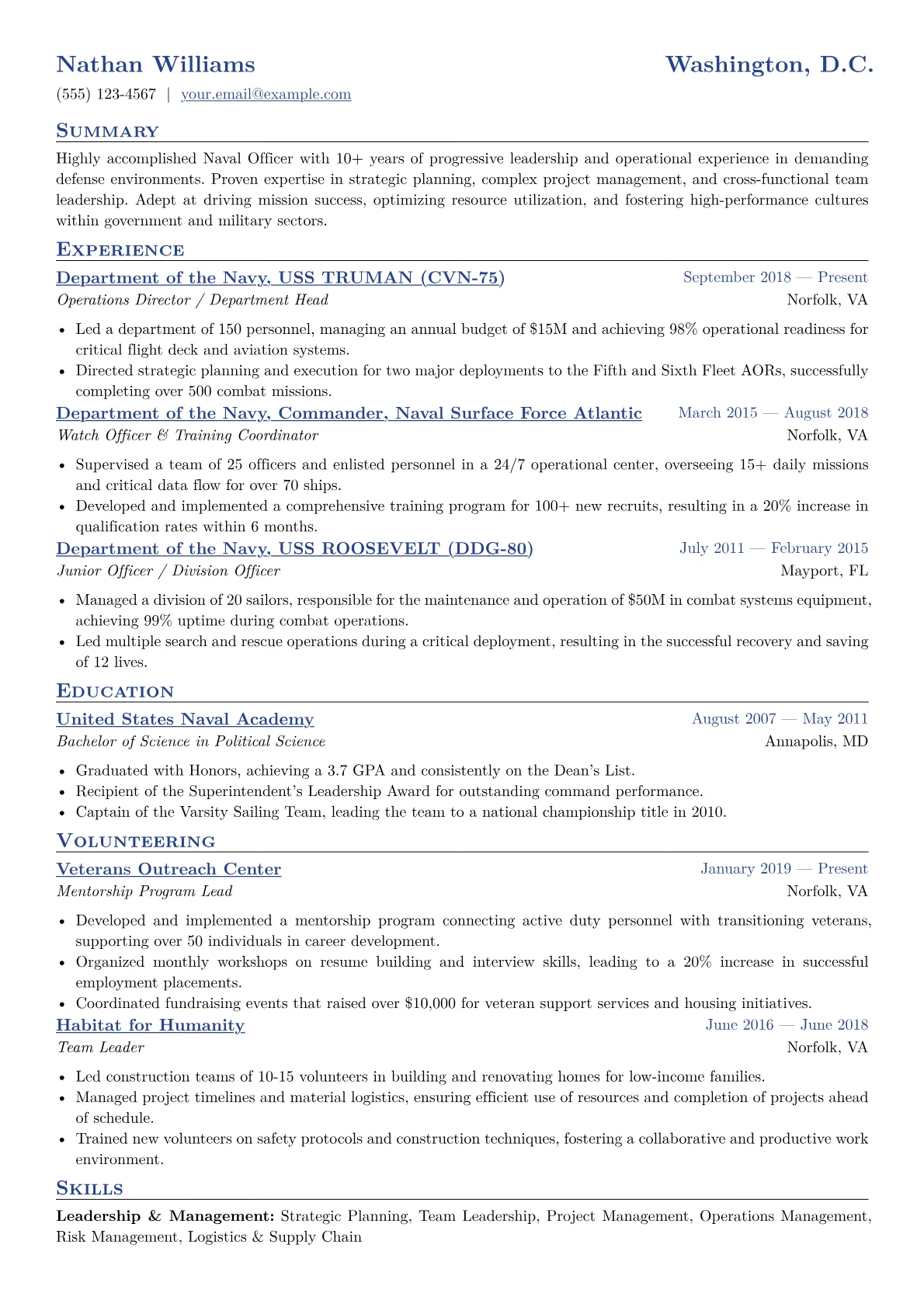 Naval Officer Resume Example CV template - Page 1