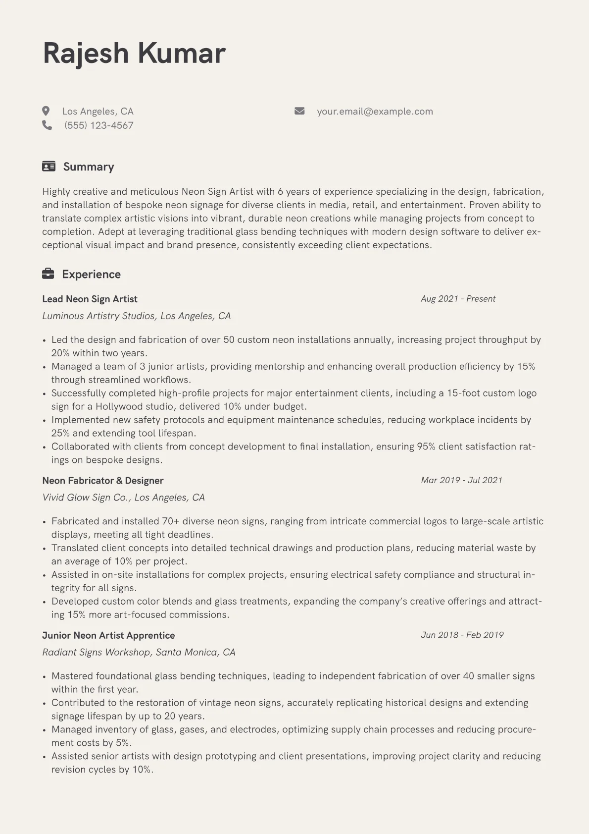 Neon Sign Artist Resume Example CV template - Page 1