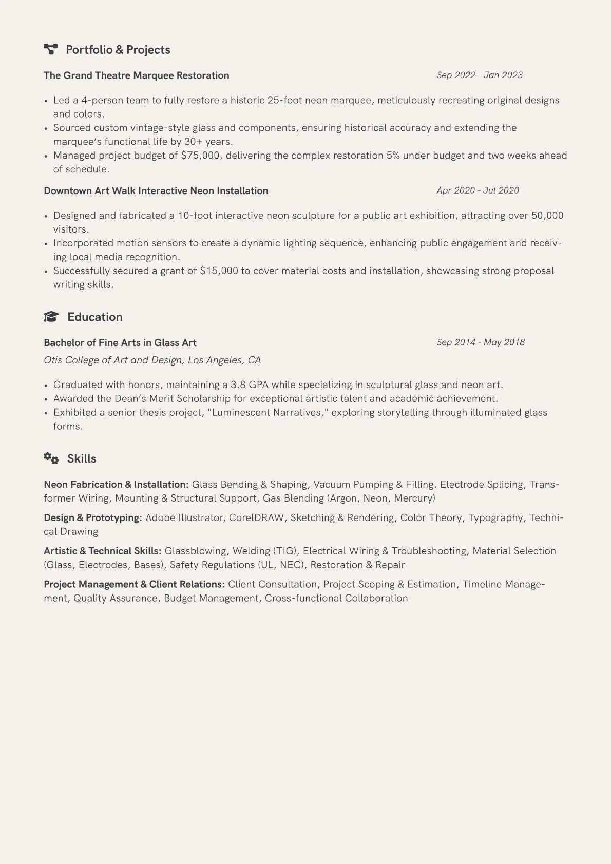 Neon Sign Artist Resume Example CV template - Page 2
