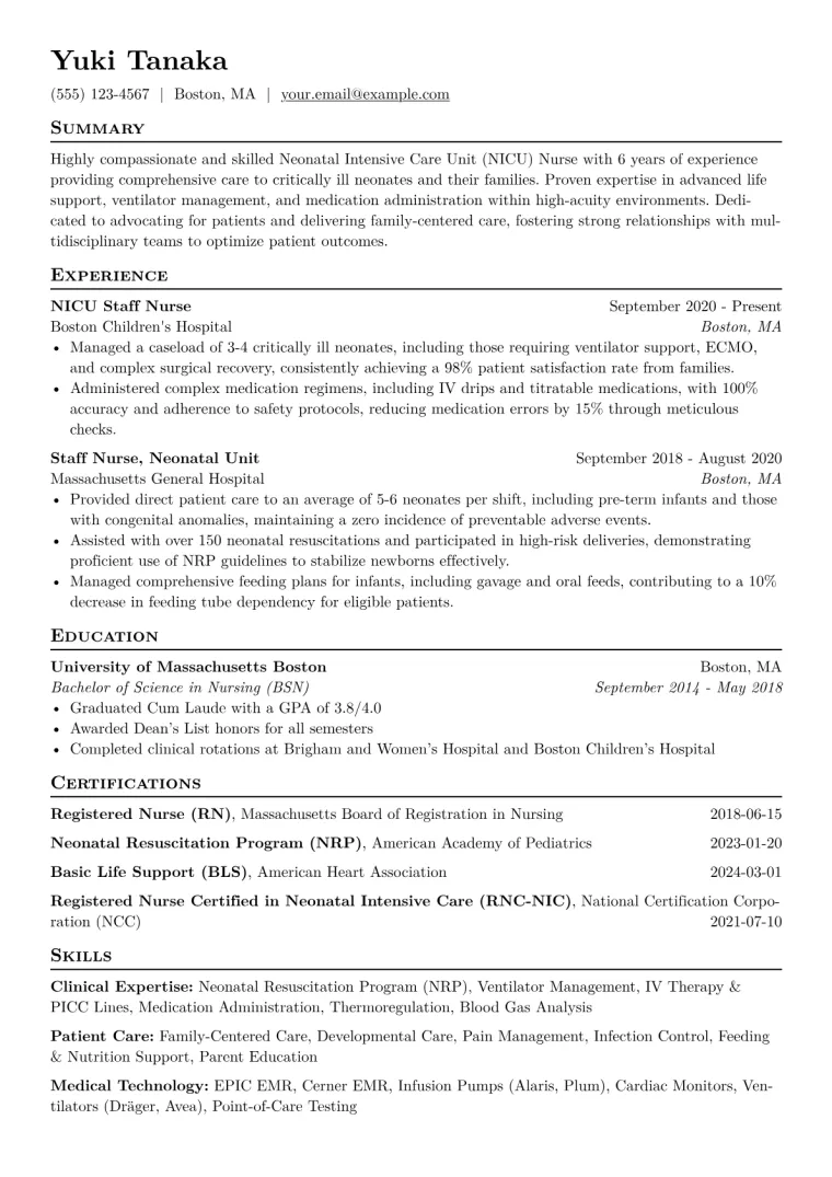 Neonatal Nurse Resume Example CV template preview