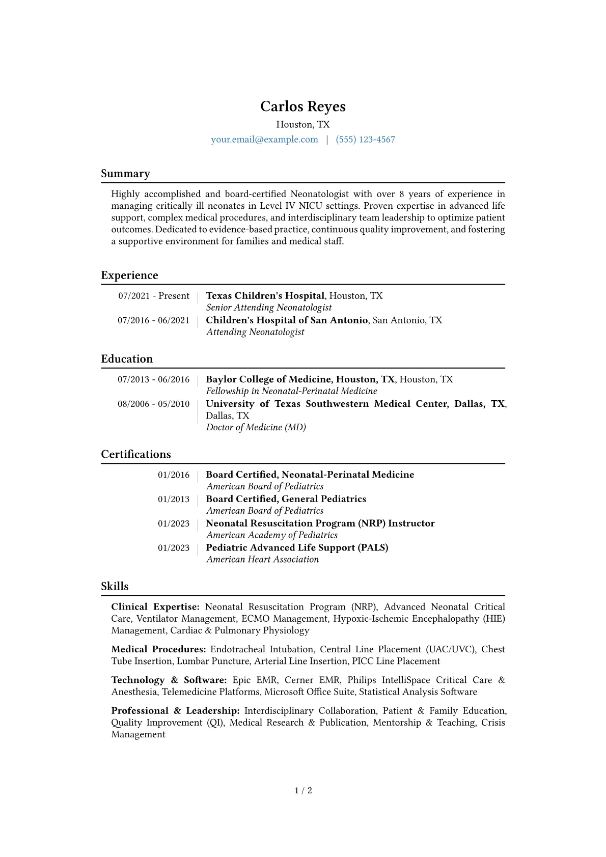 Neonatologist Resume Example CV template - Page 1