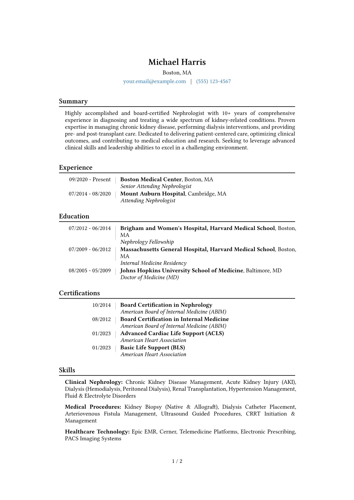 Nephrologist Resume Example CV template - Page 1