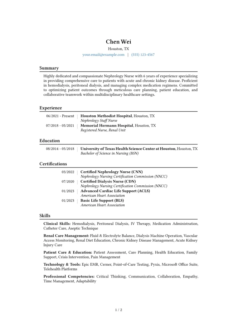 Nephrology Nurse Resume Example CV template preview