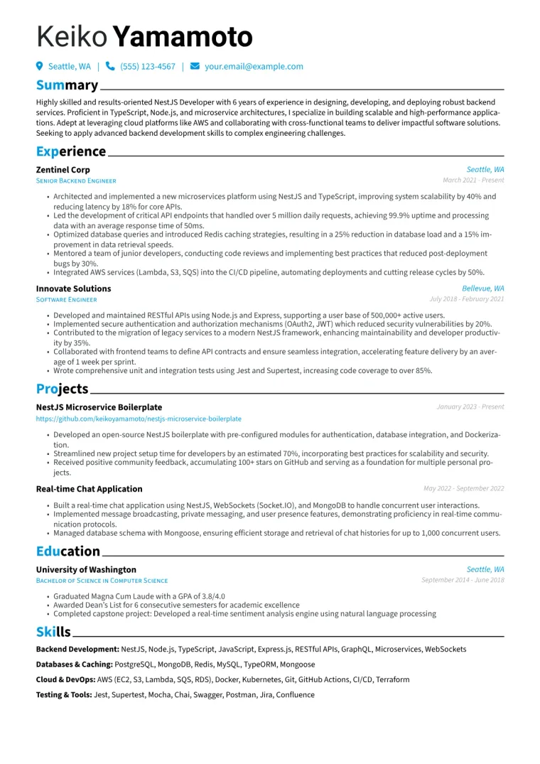 NestJS Developer Resume Example CV template preview