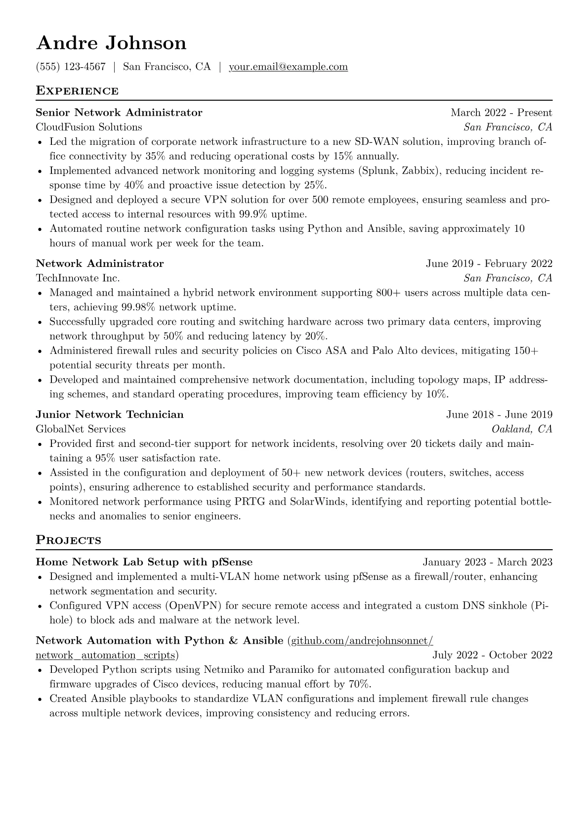 Network Administrator Resume Example CV template - Page 1