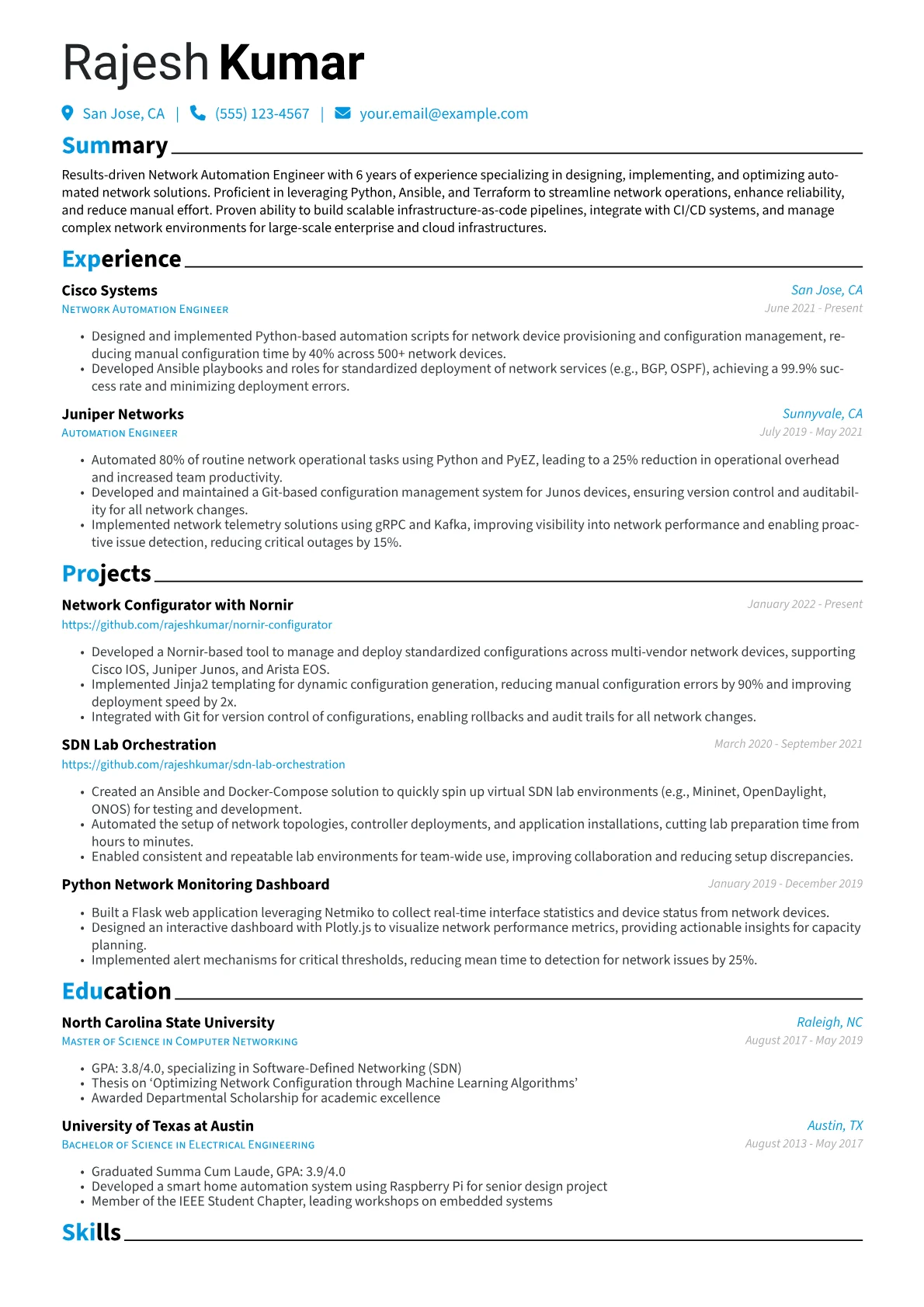Network Automation Engineer Resume Example CV template - Page 1