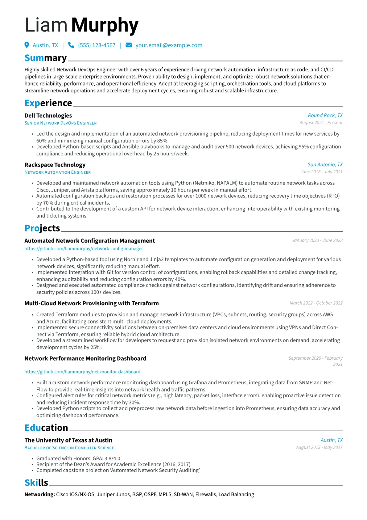 Network DevOps Engineer Resume Example CV template - Page 1