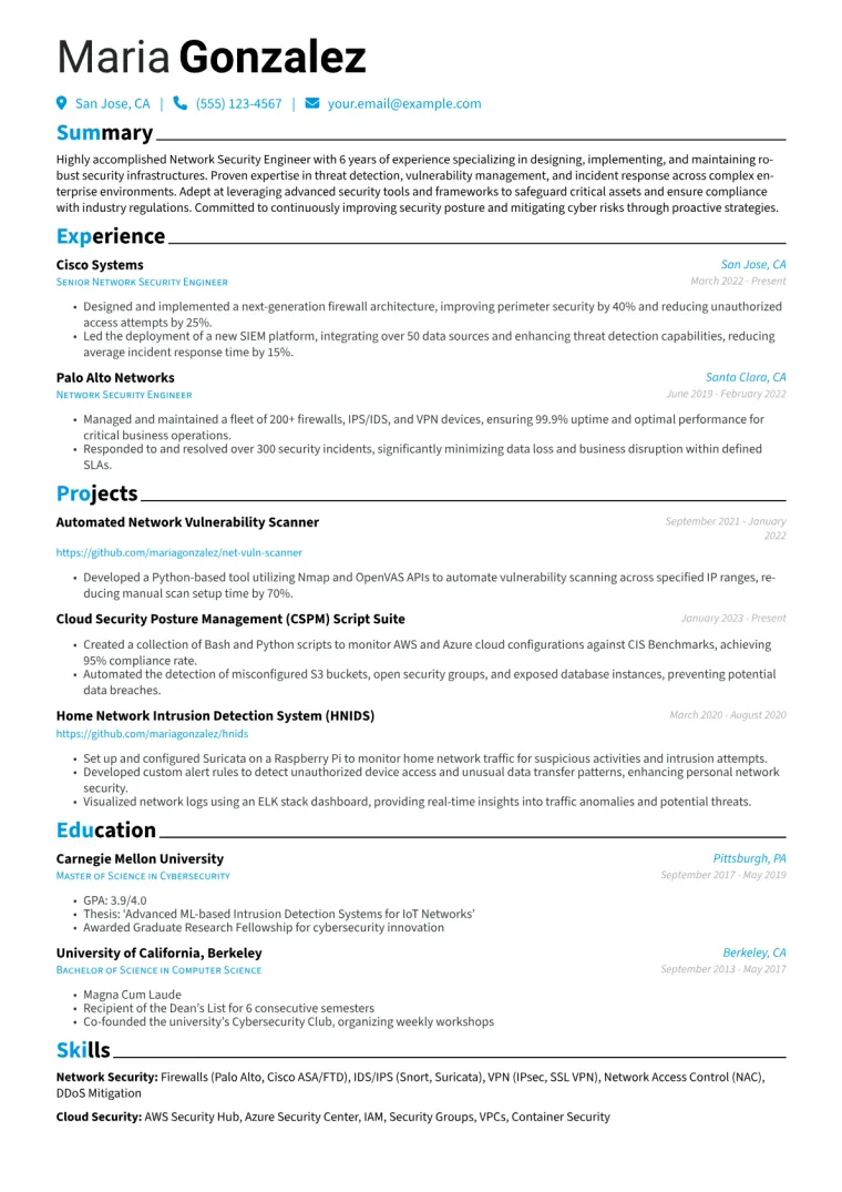 Network Security Engineer Resume Example CV template preview