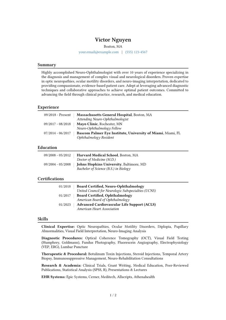 Neuro-Ophthalmologist Resume Example CV template preview