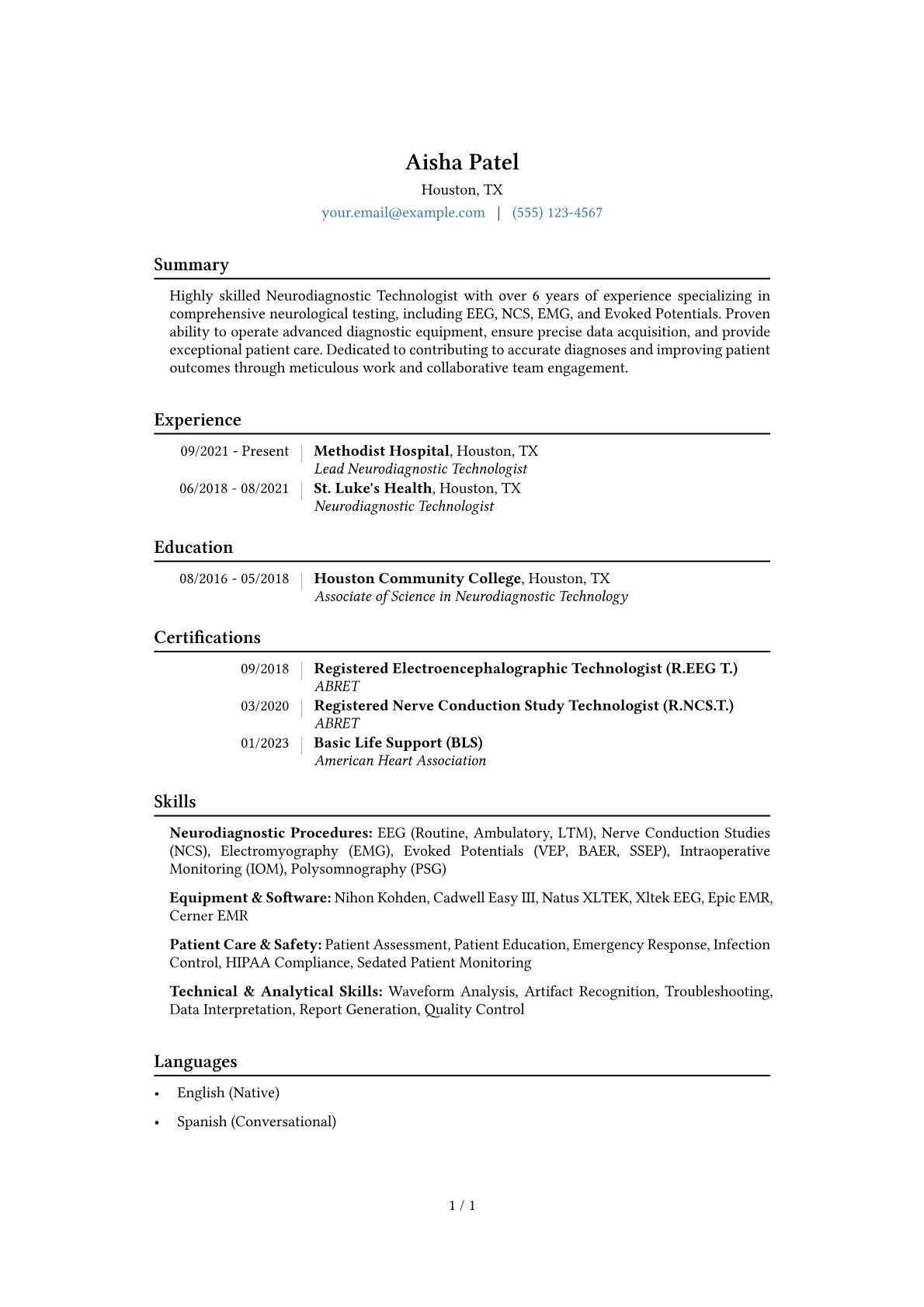Neurodiagnostic Technologist Resume Example CV template - Page 1