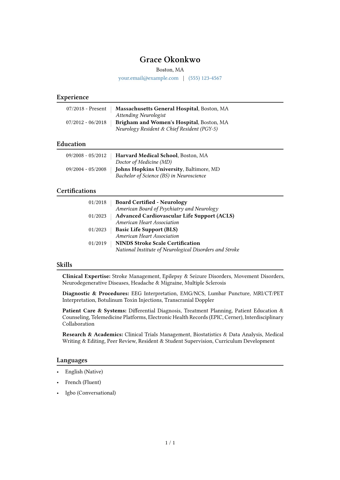 Neurologist Resume Example CV template - Page 1