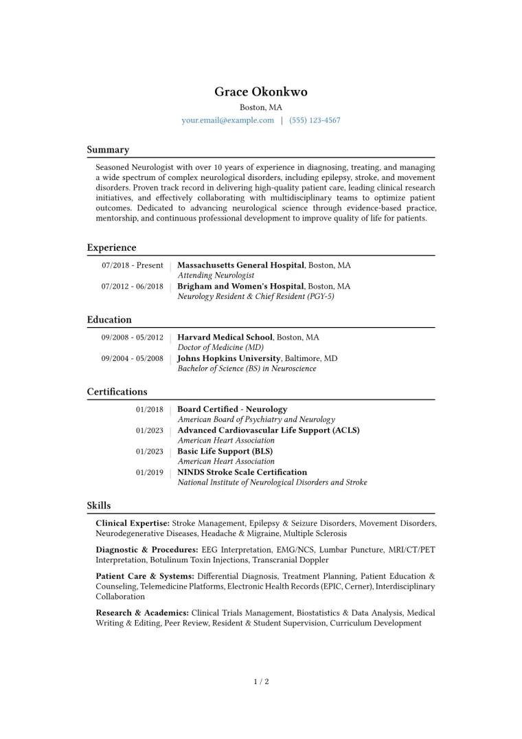 Neurologist Resume Example CV template preview