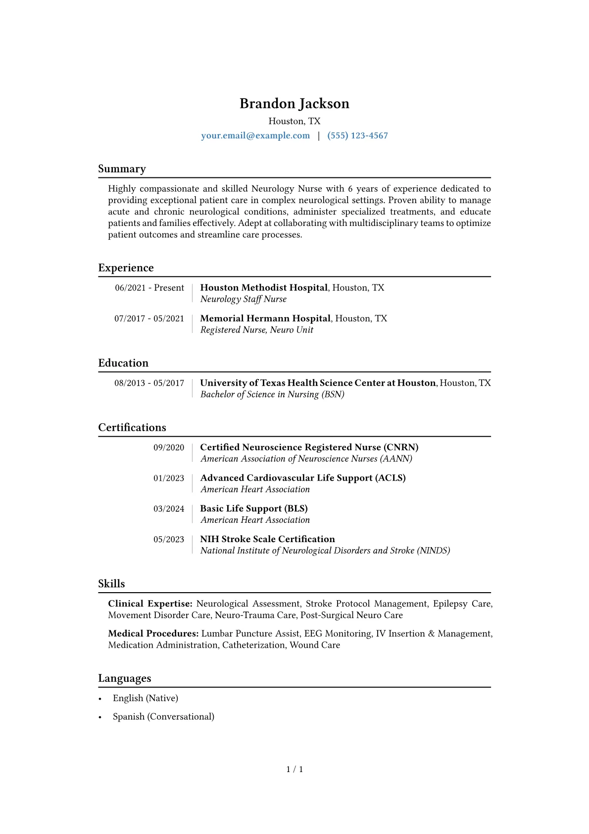 Neurology Nurse Resume Example CV template - Page 1