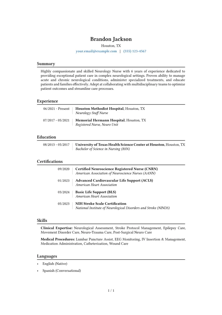 Neurology Nurse Resume Example CV template preview