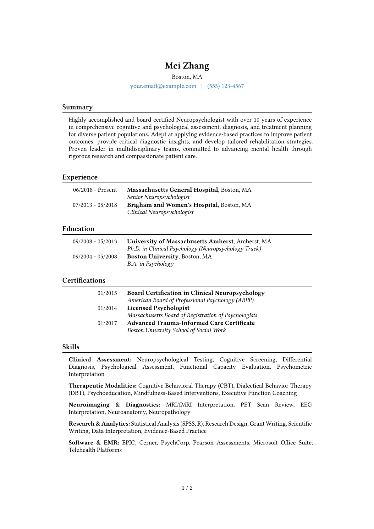 Neuropsychologist Resume Example CV template - Page 1