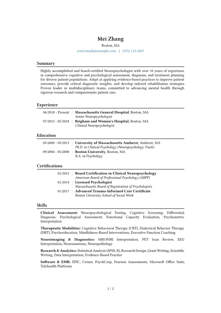 Neuropsychologist Resume Example CV template preview