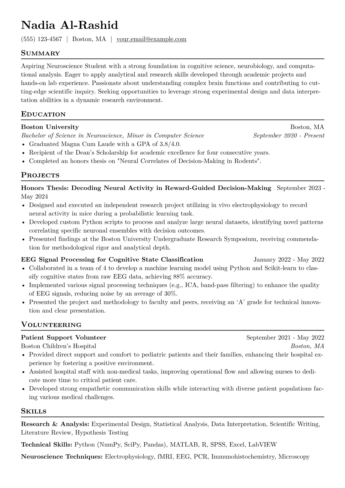 Neuroscience Student Resume Example CV template - Page 1