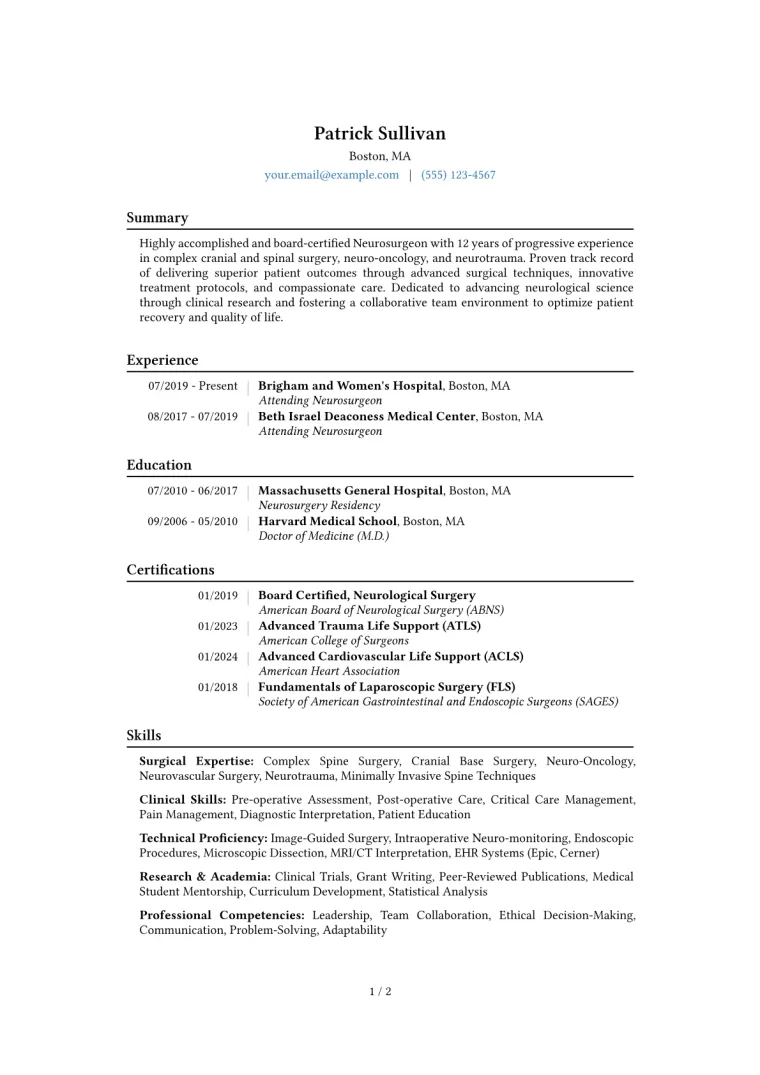 Neurosurgeon Resume Example CV template preview