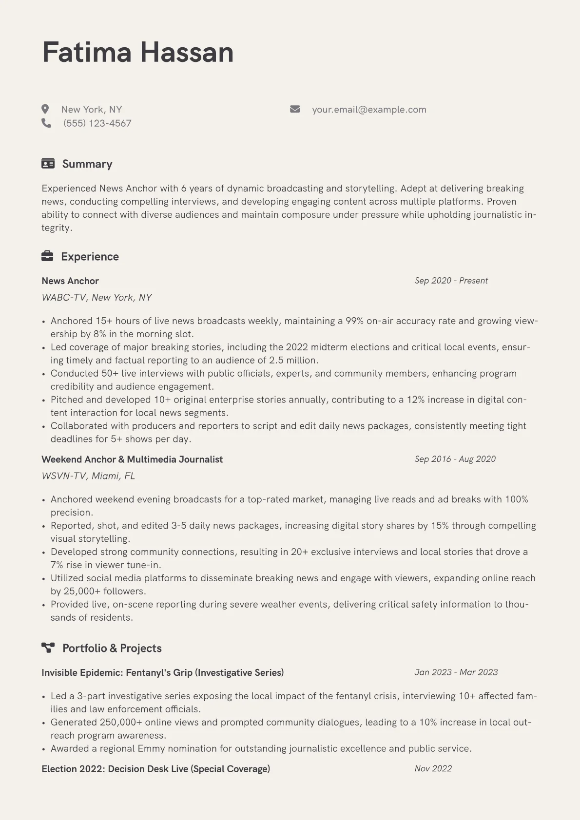 News Anchor Resume Example CV template - Page 1