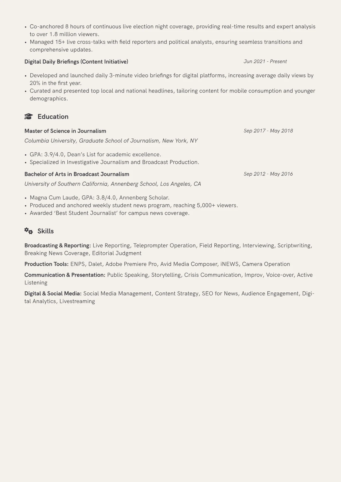 News Anchor Resume Example CV template - Page 2